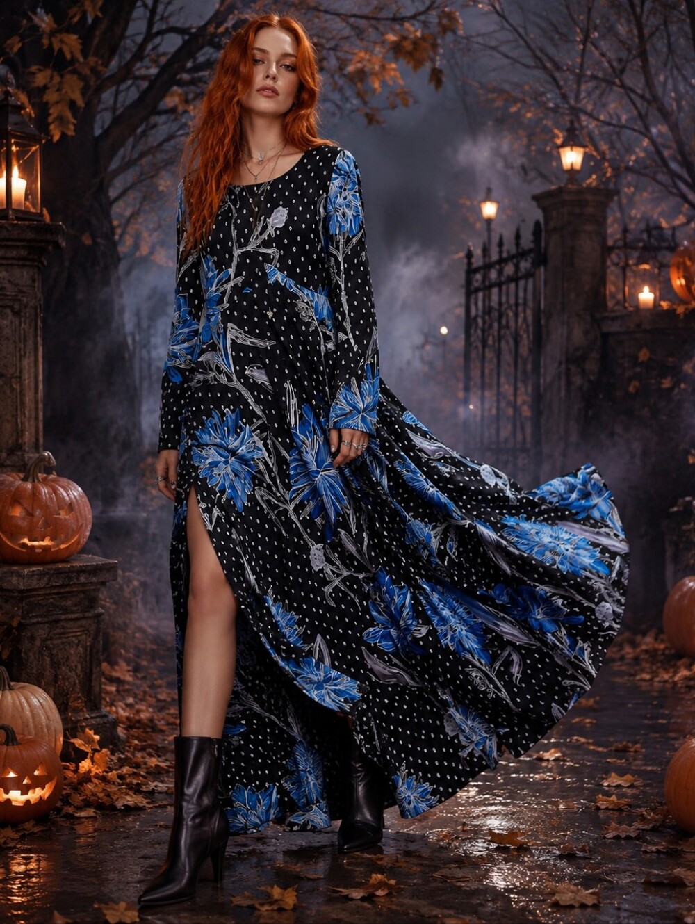 NWOT Free People Black Maxi Dress Blue Floral Print First Kiss Small Halloween S